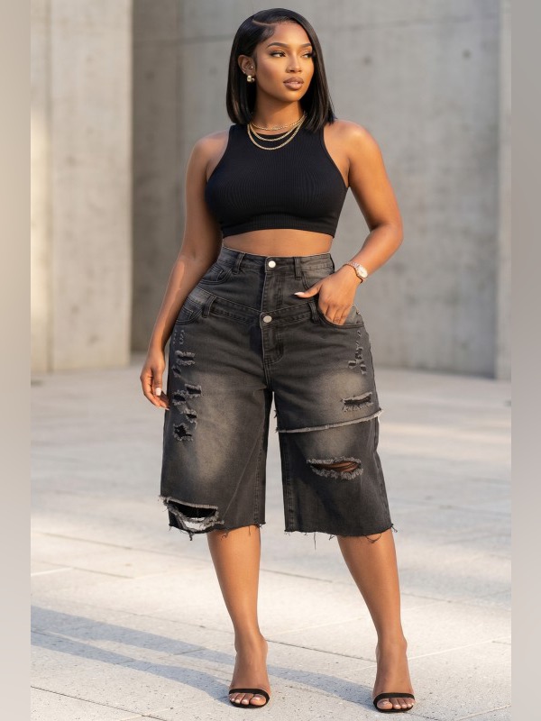 Distressed Knee-Length Blue Denim Jorts